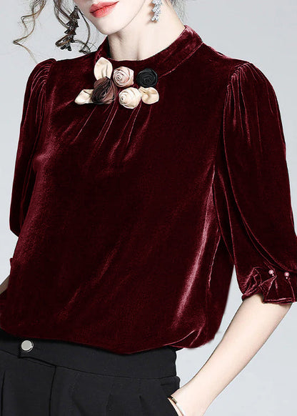 Sky Blue Stand Collar Silk Velour Top Short Sleeve