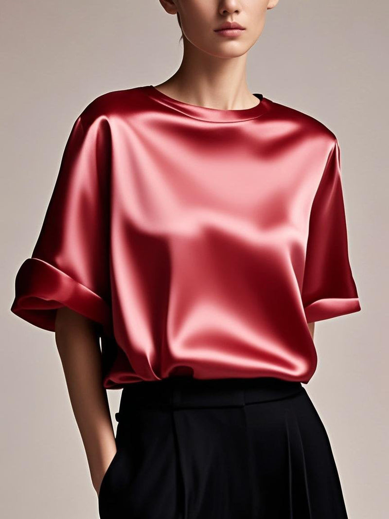 Fitted Blue Color Scheme Patchwork Silk Tops Summer
