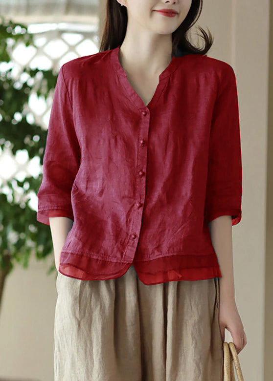 Green V Neck Embroidered Ramie Shirt Half Sleeve