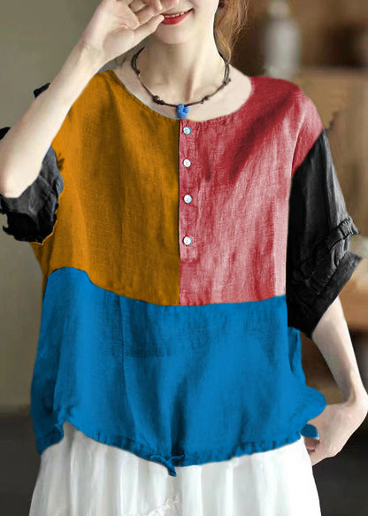 Retro Blue O-neck Ruffled Button Drawstring Top Half Sleeve