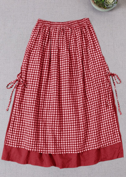 French Chocolate Plaid Side Open Tie Skirt Spring