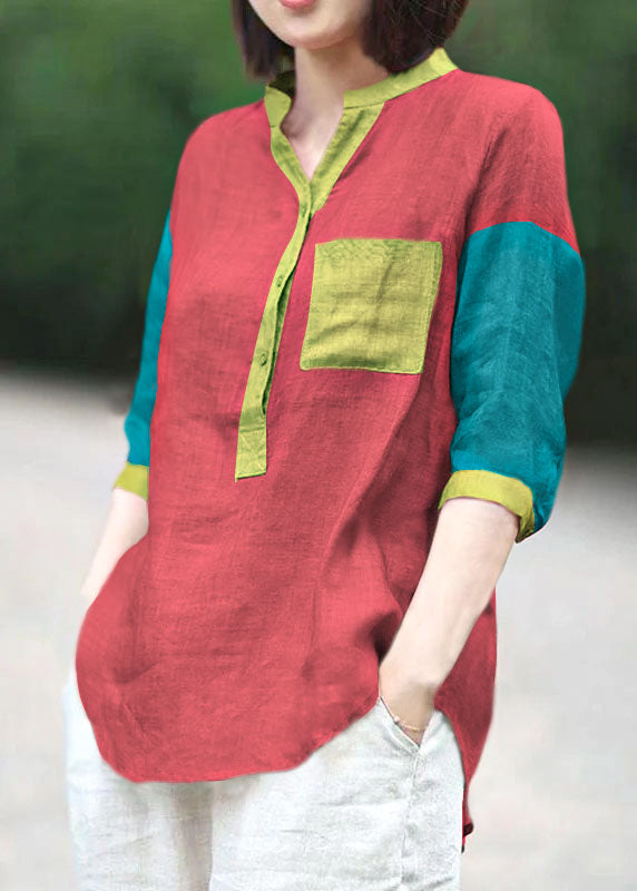 Pink Stand Collar Pockets Linen Blouses Top Half Sleeve