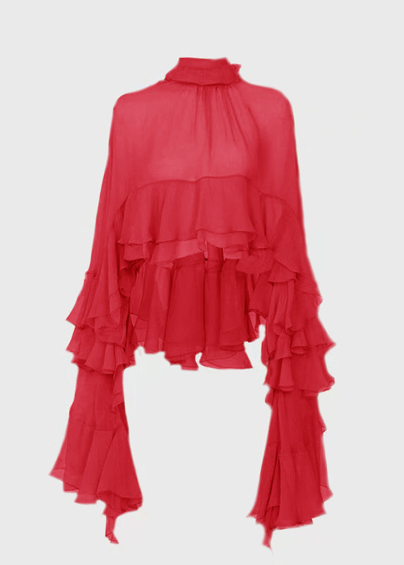 Stand Collar Ruffled Patchwork Chiffon Shirt Long Sleeve