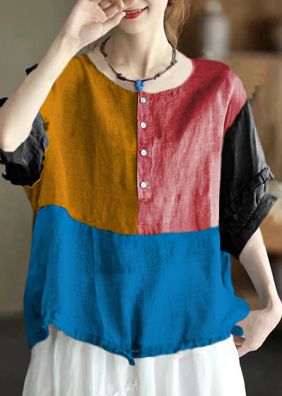 Retro Red O-neck Ruffled Button Drawstring Top Half Sleeve