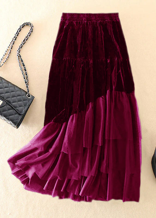 Diy Red Tulle Patchwork Silk Velour Skirt Spring