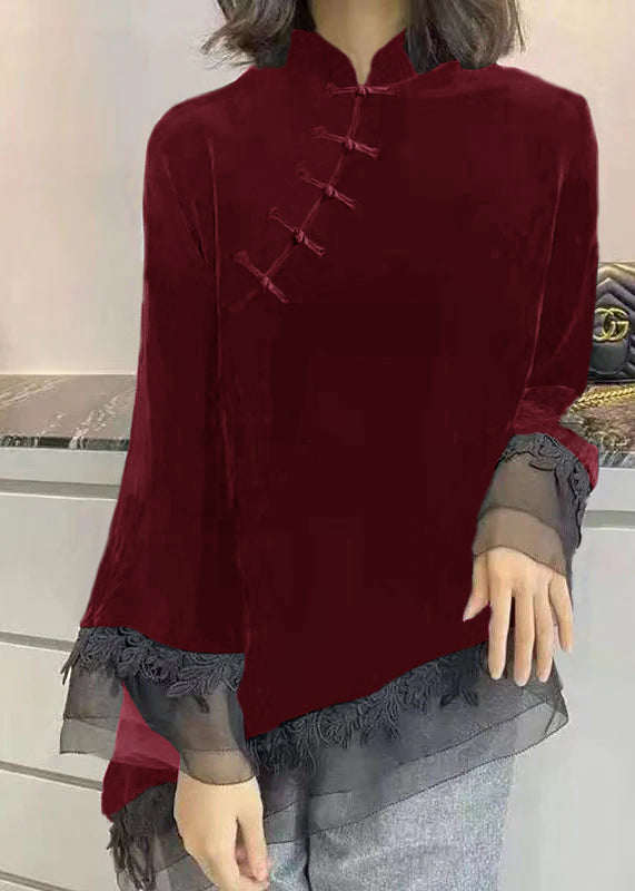 Black Stand Collar Asymmetrical Patchwork Velour Shirt Fall
