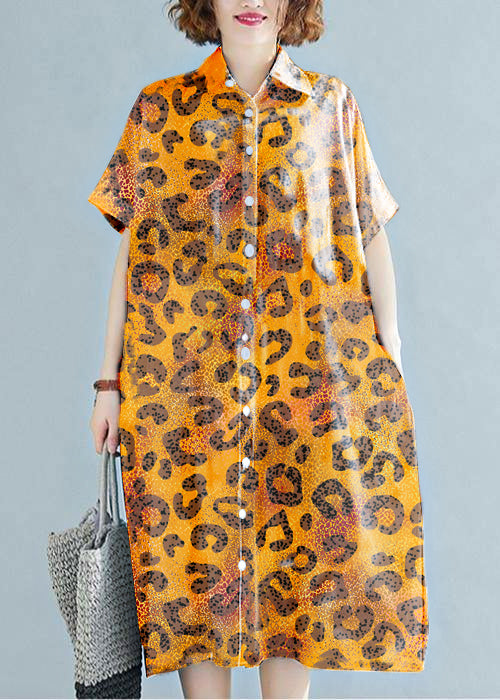 Modern Lapel Cotton Clothes for Work Outfits Brown Leopard Print Dress
