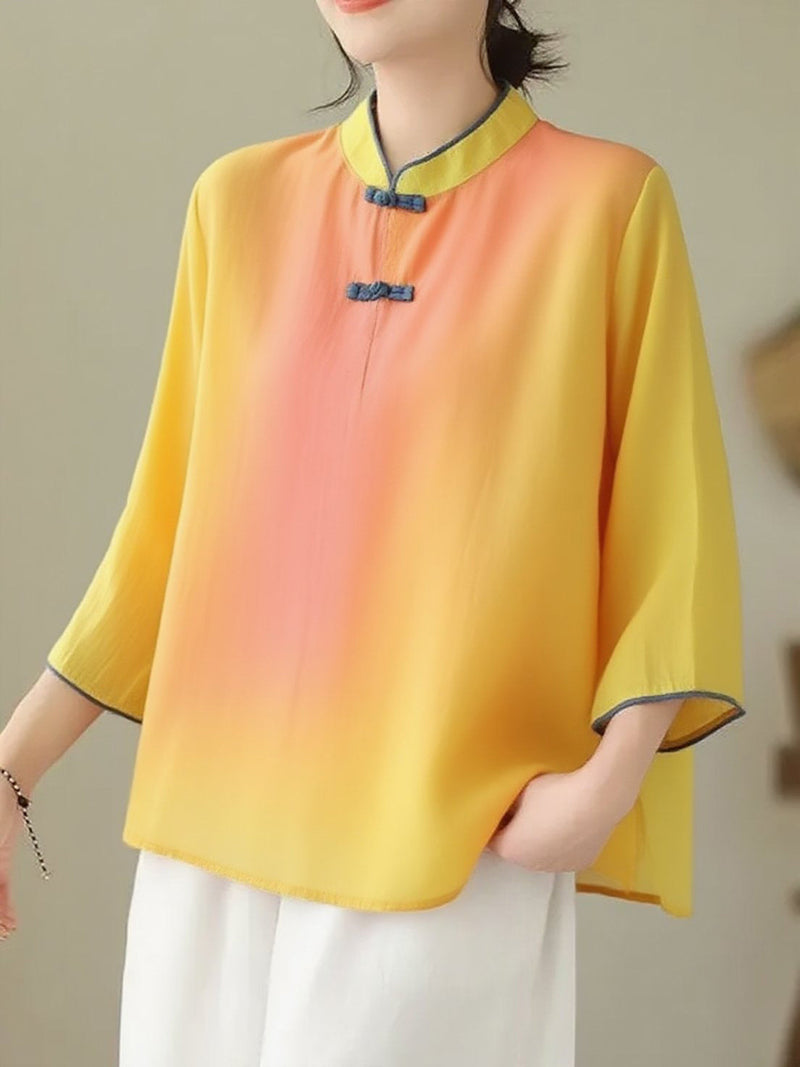 Loose Fruit Green Stand Collar Embroideried Print Cotton Shirt Bracelet Sleeve