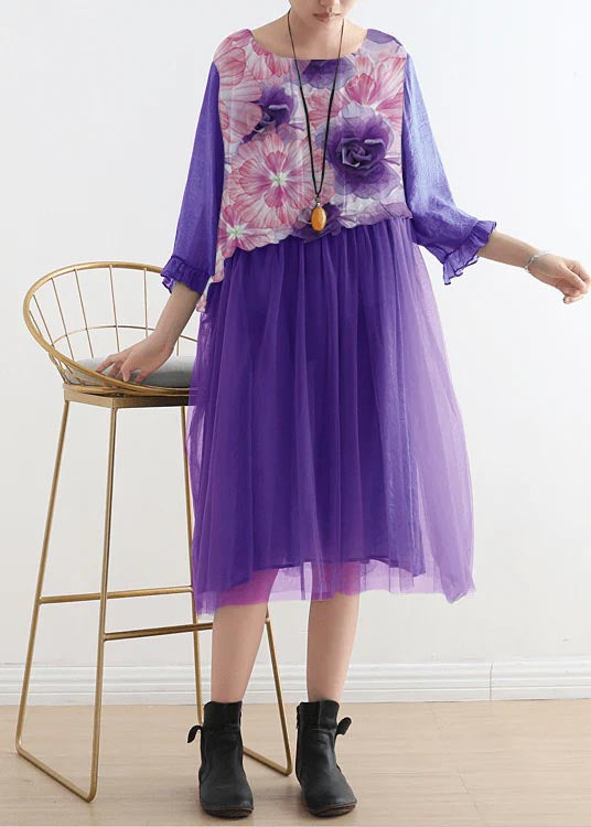 Blue Flower Tull Maxi Dresses Patchwork Chiffon Summer Dresses