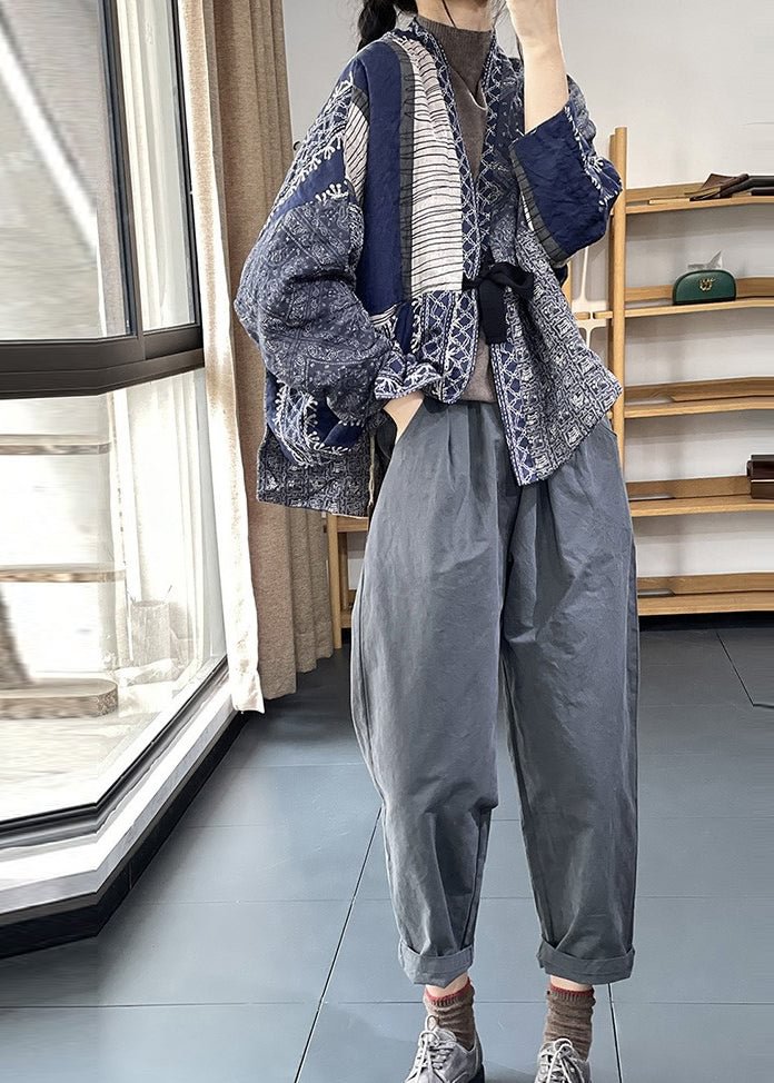 Navy Oversized Print Fine Cotton Filled Jackets Spring