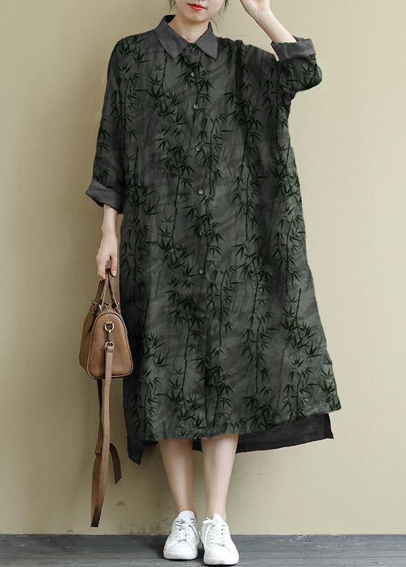 Green Plaid Linen Shirt Dress Oversize Spring Maxi Dresses