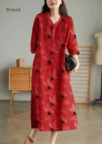 Purple Loose Linen Long Dresses Button Half Sleeve