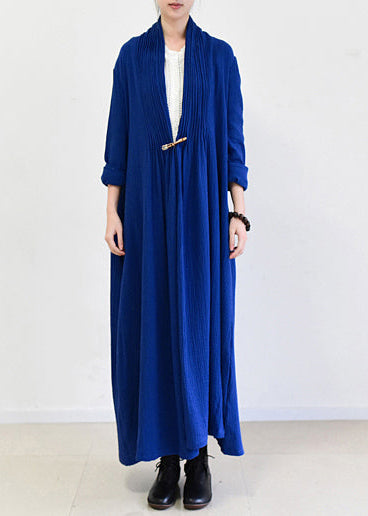 Royal Blue Linen Trench Coats Long Cotton Maxi Coats Fall Outfits