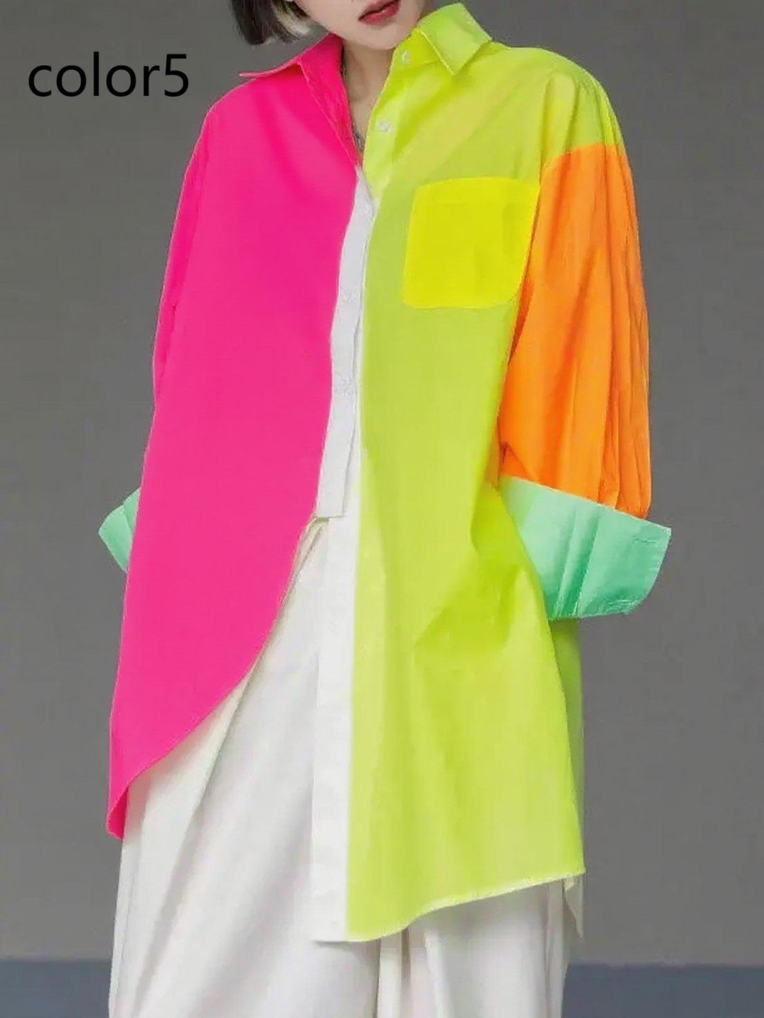 Unique Gradient Color5 Asymmetrical Design Side Open Cotton Long Shirts Spring