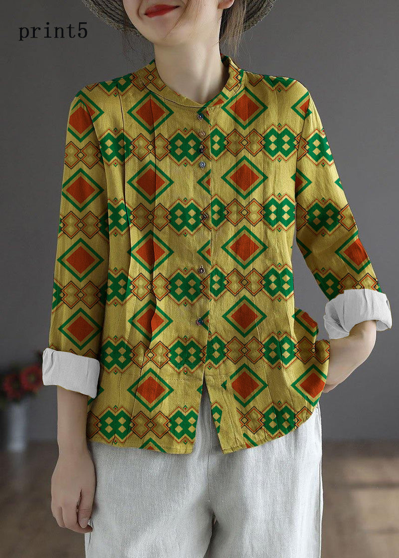 Yellow-floral3 Button Fall Top Long Sleeve Linen