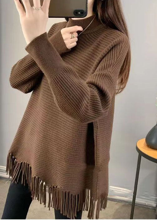 Art Chocolate Tasseled Asymmetrical Design Loose Fall Knit Dress