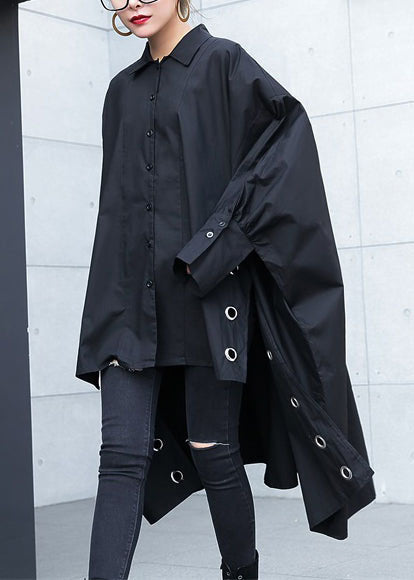 Black Midi Cotton Pullover Traveling Blouse Hollow Outlow High Design Cotton Blouses