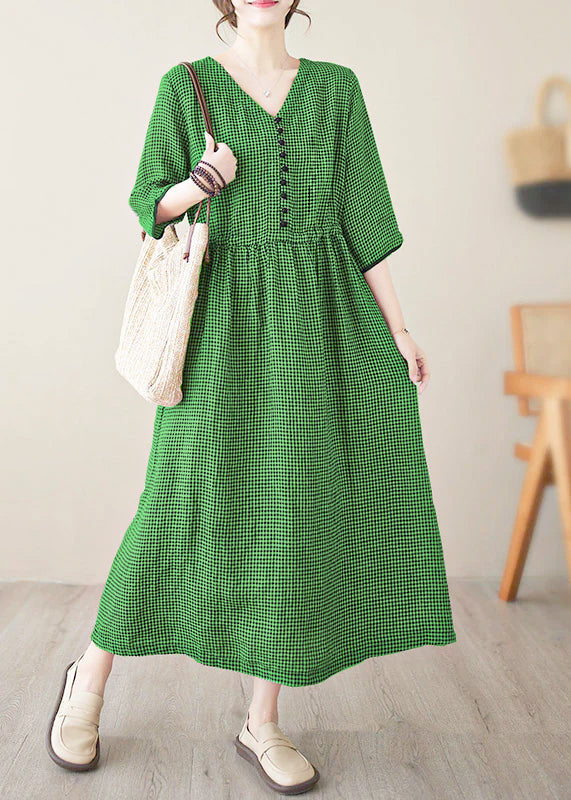 Green V Neck Plaid Patchwork Button Linen Maxi Dresses Summer