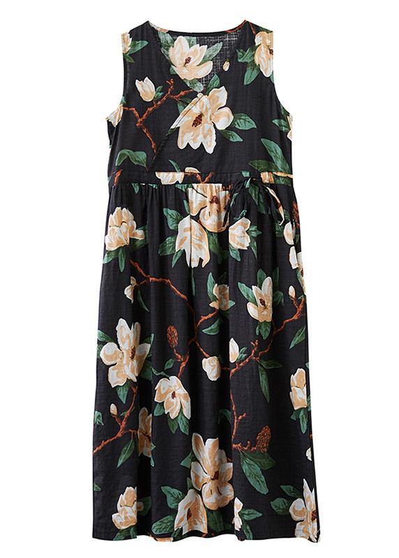 Simple V Neck Drawstring Quilting Dresses Black Print Robes Dresses