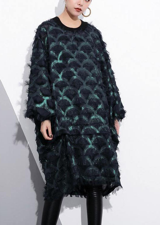 Green Midi-length Silk Polyester Dress Loose Fitting Shirt Dress New Tassel Long Sleeve Dresses