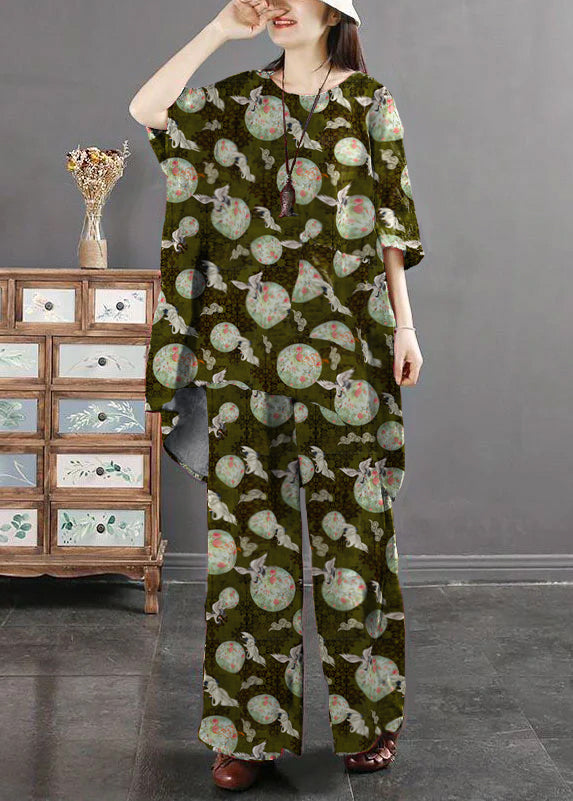 Geometric Print Pockets Patchwork Tops and Pants Cotton Two Pieces Set Summer