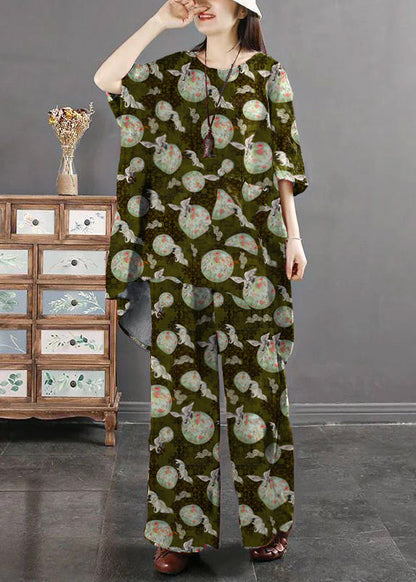 Geometric Print Pockets Patchwork Tops and Pants Cotton Two Pieces Set Summer