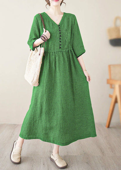 Dark Blue V Neck Plaid Patchwork Button Linen Maxi Dresses Summer