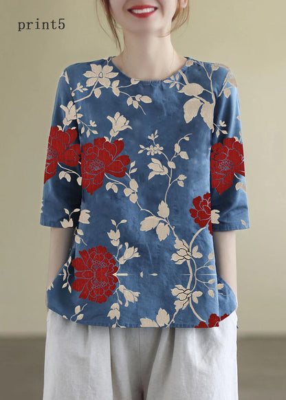 French Print1 O-neck Embroideried Cotton Blouses Half Sleeve