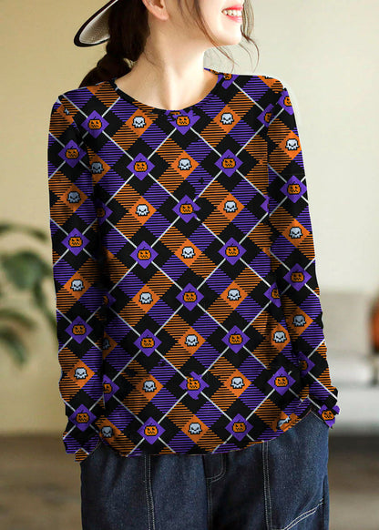 Elegant  Purple Square O-Neck Print Cotton Knitted Top Long Sleeve