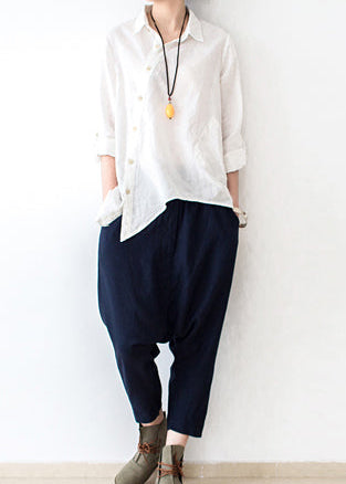 Navy Linen Pants Loose Harem Pants