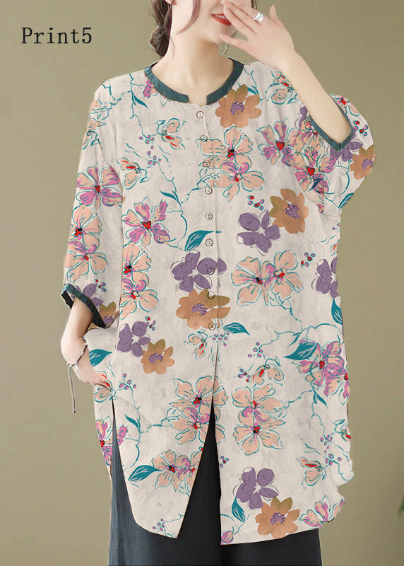 Khaki Print Linen Shirt Dresses O-neck Oversized Lantern Sleeve
