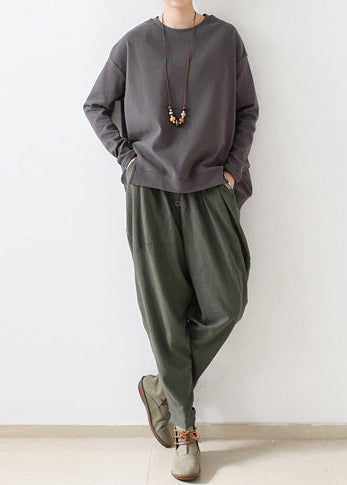 Autumn Tea Green Linen Pants Oversized Cotton Harem Pants Trousers