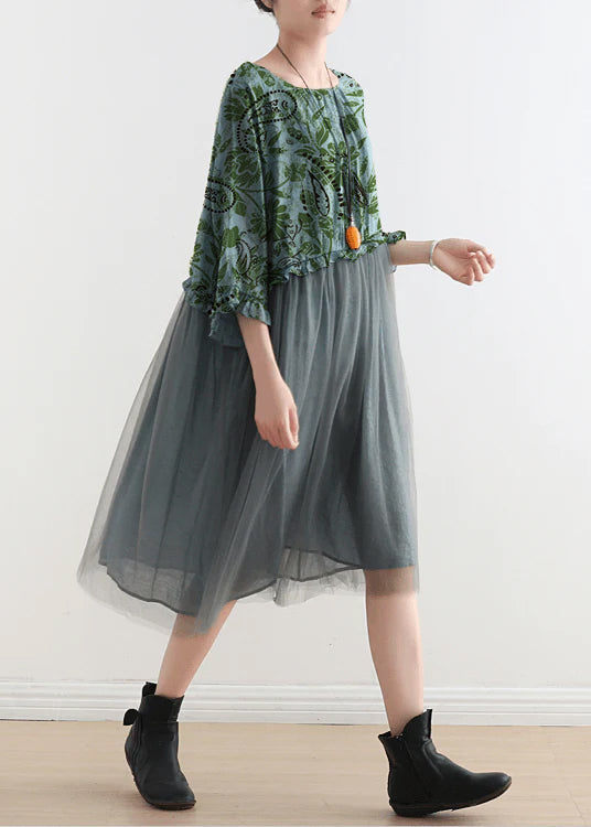 Blue-green Leaves Tull Maxi Dresses Patchwork Chiffon Summer Dresses