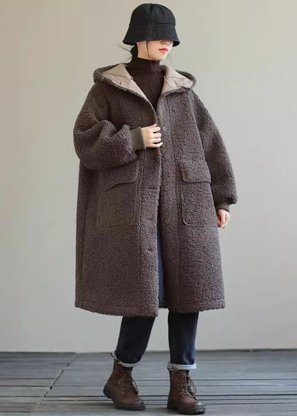 Blue Hooded Button Faux Fur Winter Coat