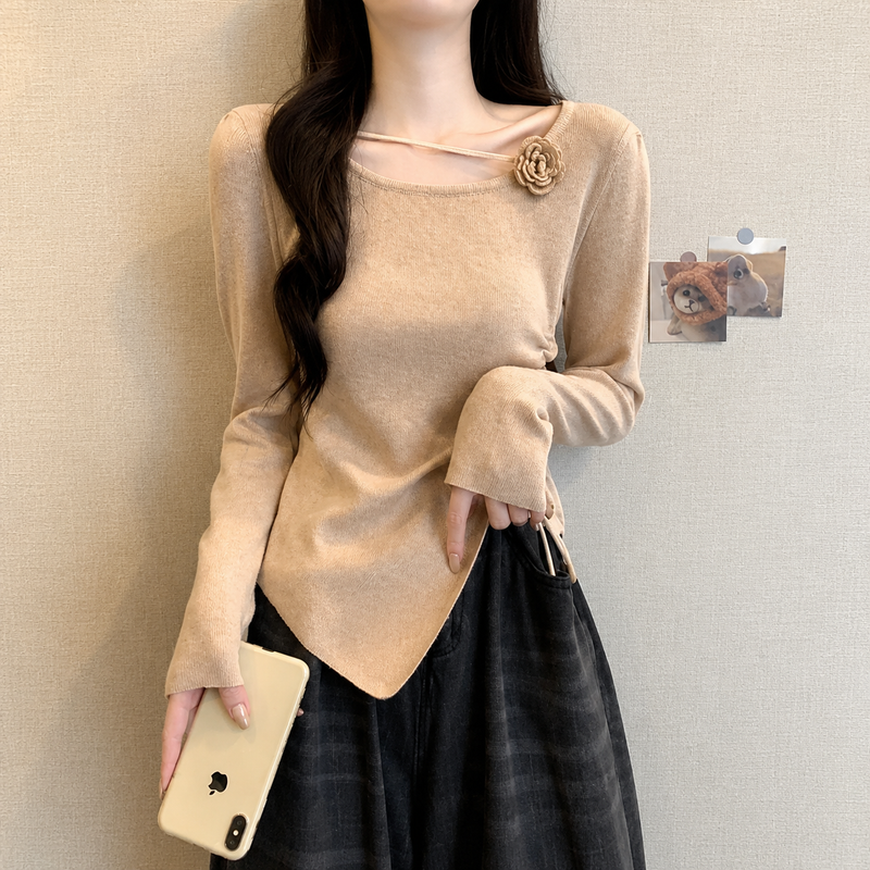 Slim Fit Khaki Draped Neckline Cotton Knit Sweater Spring