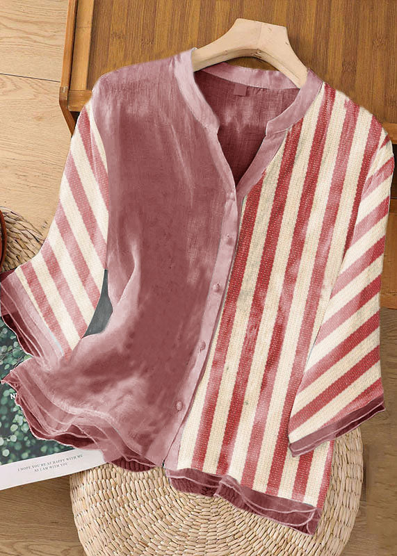 Red Stripes Embroidered Button Patchwork Linen Top Bracelet Sleeve