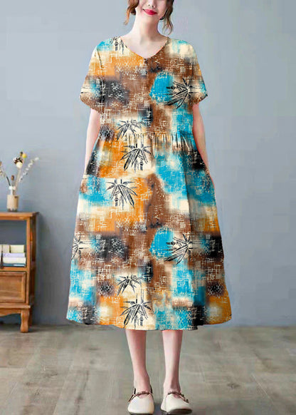 Orange Pockets Print O Neck Dress