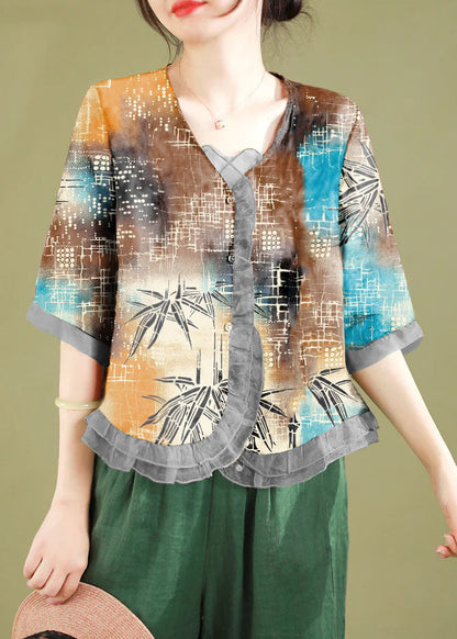 Red Ruffled Button Patchwork Linen Blouse Top Summer