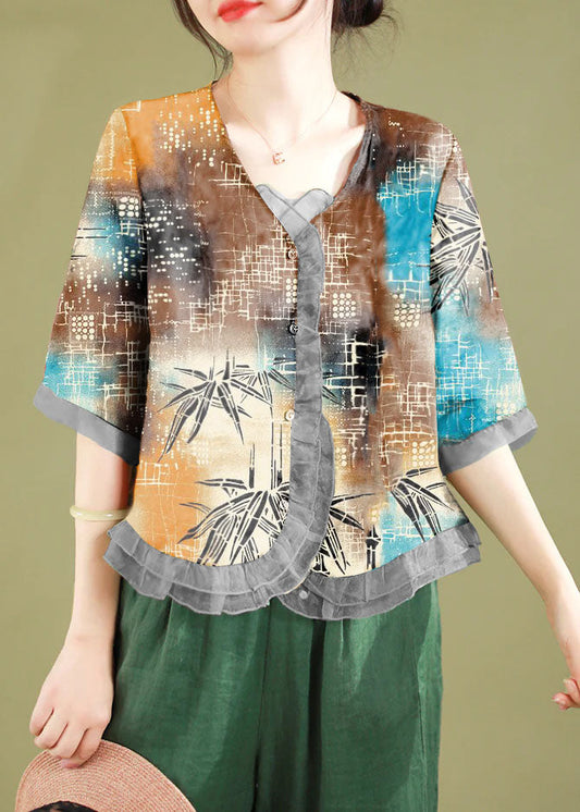 Gray-geometry Ruffled Button Patchwork Linen Blouse Top Summer
