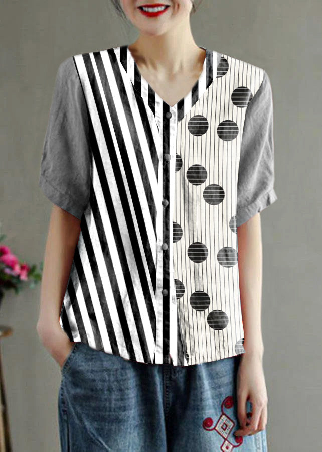 Loose Pink V Neck Embroideried Summer Cotton Blend Shirt