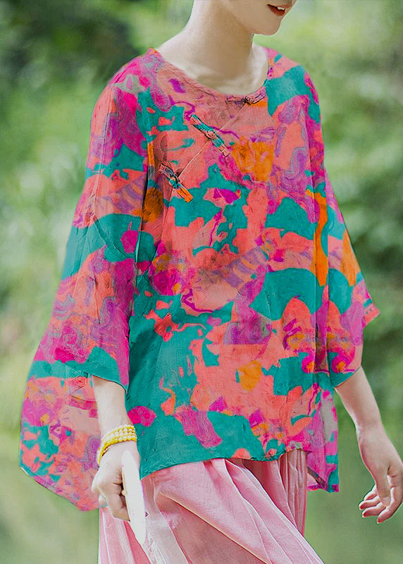 Natural Red Texture O Neck Print Chinese Button Linen Shirt Summer