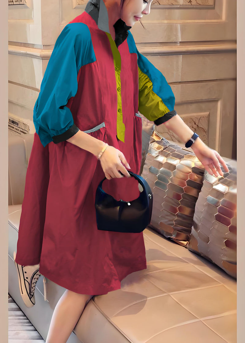 Purple Polka Dots Pockets Button Fall Half Sleeve Shirt Dress