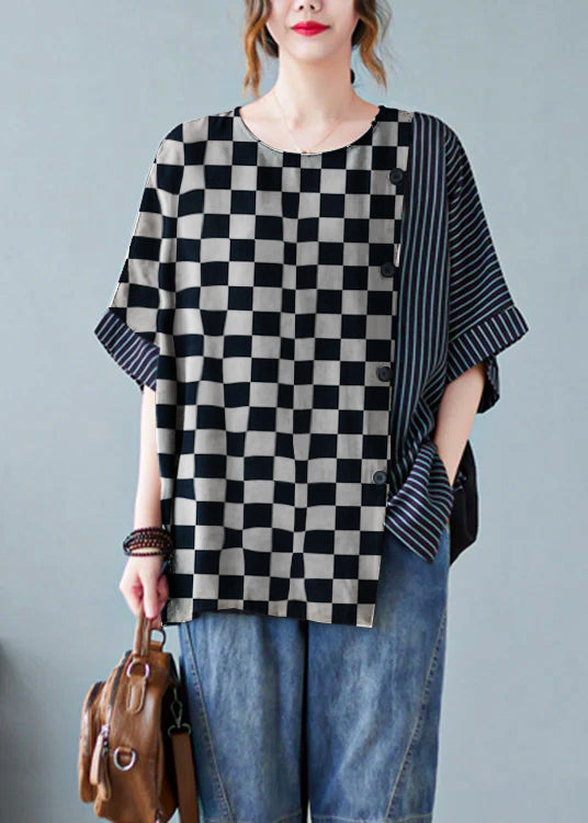 Novelty Black and White Grid O-neck Striped Patchwork Button Cotton T Shirts Half Sleeve