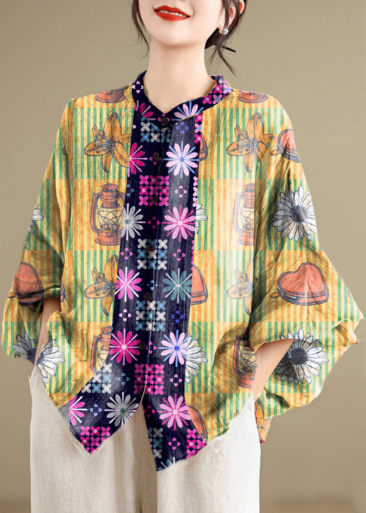 Loose Green Geometry Button Linen Blouses Batwing Sleeve