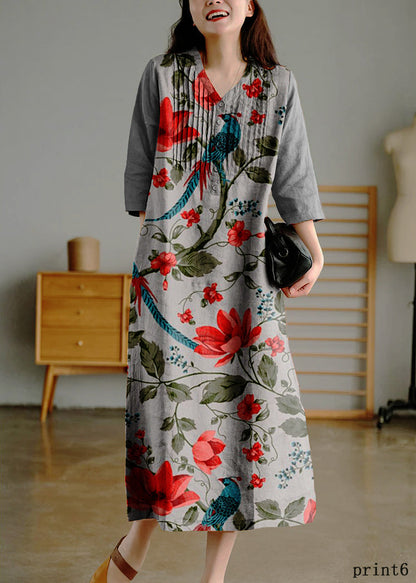 Yellow Loose Linen Long Dresses Button Half Sleeve