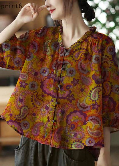 Pink V Neck Ruffled Print Linen Blouse Top Half Sleeve