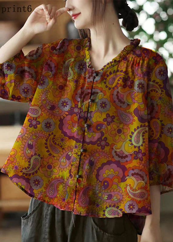 Pink V Neck Ruffled Print Linen Blouse Top Half Sleeve