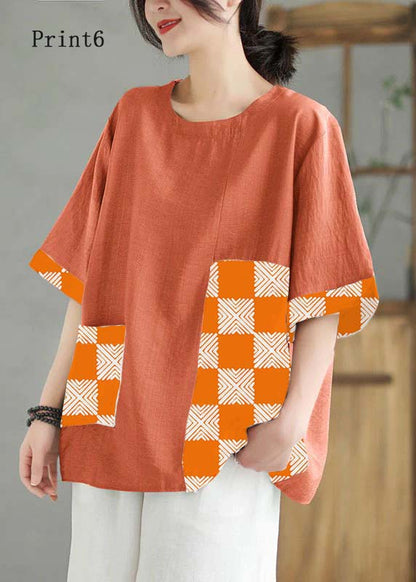 Orange O Neck Print Patchwork Linen T Shirt Top Summer