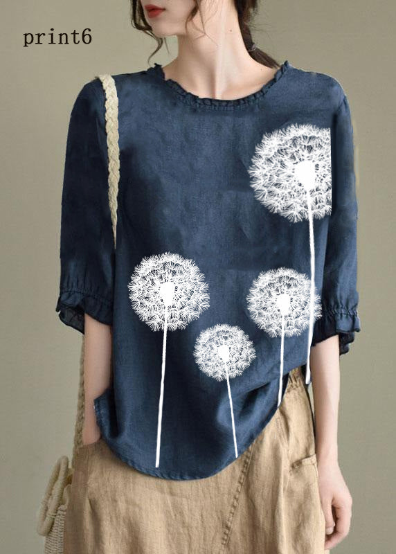 Handmade Navy Lantern Sleeve O-neck Embroideried Summer Ramie Blouses