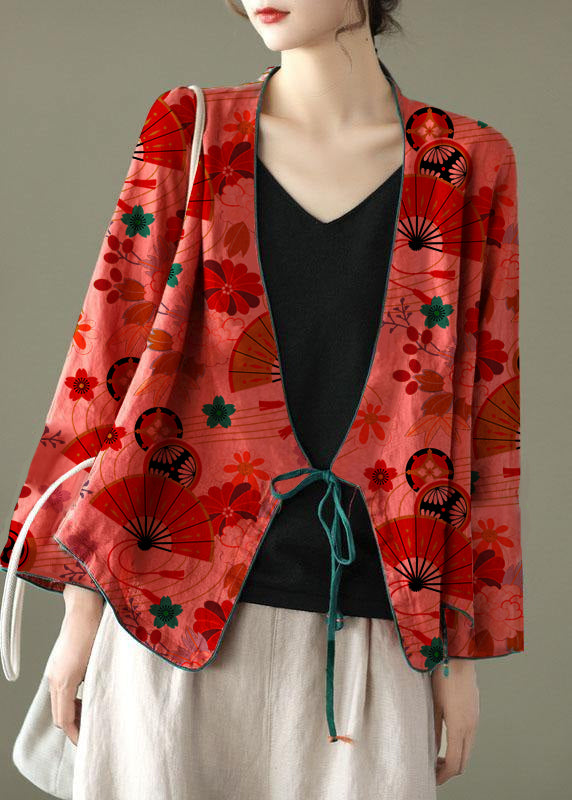 Red-fan Pattern Embroideried Long Sleeve Linen Shirt